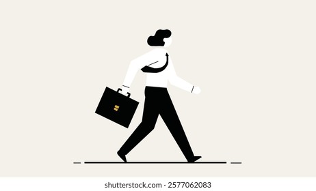 A clean and modern black-and-white illustration of a businesswoman walking with a briefcase. The design represents professionalism, ambition, and confidence in a corporate setting