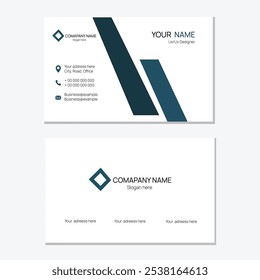 Clean and modern business card template with geometric elements, featuring company logo, contact details, and slogan on a white background.