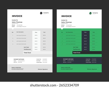 Modelos de fatura comercial limpos e modernos com variantes verdes e cinza. Documentos profissionais vetoriais para cobrança, contabilidade e uso financeiro eficientes. Ideal para empresas e freelancers.