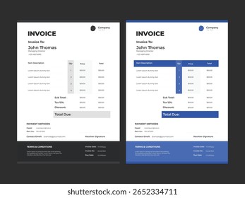Modelos de fatura comercial limpos e modernos com destaques azuis e cinza. Documentos profissionais vetoriais para cobrança, contabilidade e uso financeiro eficientes. Ideal para empresas e freelancers.