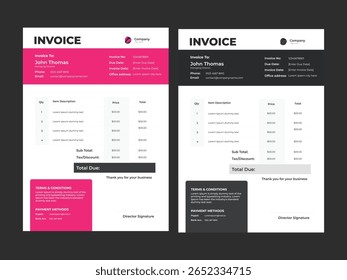 Modelos de fatura de negócios modernos e limpos com variações em rosa e preto. Documentos profissionais vetoriais para cobrança, contabilidade e uso financeiro eficientes. Ideal para empresas e freelancers.