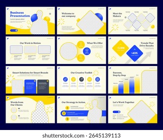Um modelo de negócios PowerPoint limpo e moderno em amarelo e azul. Inclui 12 slides, ideais para perfis de empresas, apresentações de marketing, planos estratégicos e apresentações iniciais.
