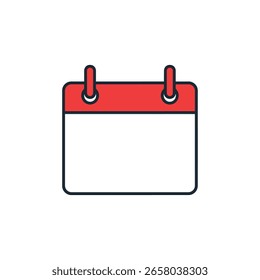 Um ícone de calendário limpo e moderno, com um topo vermelho vibrante e uma página branca em branco, delineada em cinza escuro, com dois anéis superiores.