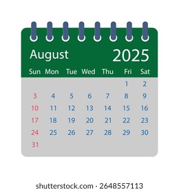 Uma página limpa e moderna do calendário exibindo agosto de 2025. O calendário apresenta um cabeçalho verde com o mês e o ano, e uma grade cinza para os dias da semana e datas.