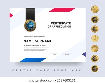 Clean and modern certificate template with red and blue diagonal elements Ideal for award presentations school certificates and business recognition
