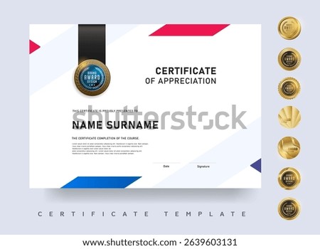Clean and modern certificate template with red and blue diagonal elements Ideal for award presentations school certificates and business recognition