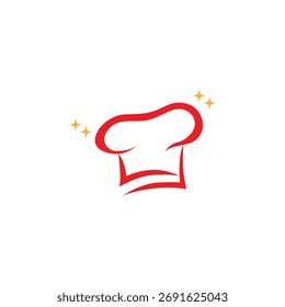 Un logotipo de sombrero de chef limpio y moderno ilustrado con líneas rojas lisas, acentuadas por Pequeñas estrellas brillantes para simbolizar la calidad, la frescura y la excelencia en la cocina. 