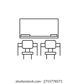 Icono de línea interior de aula limpio y moderno. Dispone de escritorio y pizarra. Ideal para App educativos, Sitios web, plataformas de aprendizaje electrónico y Diseño gráfico relacionado con la escuela.