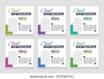 Clean and modern client testimonial banner set template. customer review social media post bundle carousel template design.