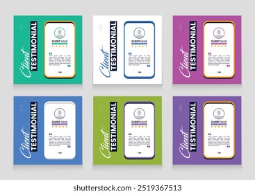 Clean and modern client testimonial banner set template. customer review social media post bundle carousel template design.