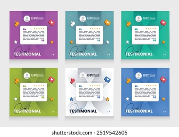 Clean and modern client testimonial banner set template. customer review social media post bundle carousel template design.