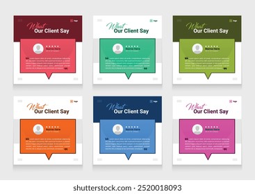 Modelo de conjunto de banner depoimento de cliente limpo e moderno. cliente revisão de mídia social pós-pacote de design de modelo de carrossel.