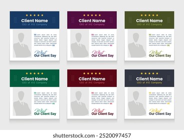Plantilla de conjunto de Anuncios testimoniales de clientes limpios y modernos. Revisión de Clientes Diseño de Plantilla de carrusel de Paquete de publicaciones de redes sociales.