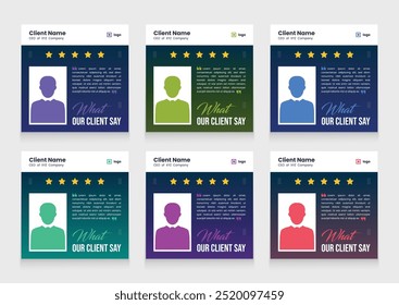 Plantilla de conjunto de Anuncios testimoniales de clientes limpios y modernos. Revisión de Clientes Diseño de Plantilla de carrusel de Paquete de publicaciones de redes sociales.