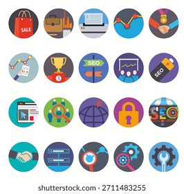 Una colección limpia y moderna de 20 iconos circulares planos que cubren negocios, tecnología, comunicación, logística, finanzas, análisis y desarrollo, perfecta para presentaciones, Sitios web, App y marcas.