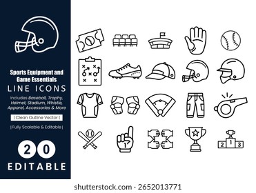 A clean, modern collection of 20 sports and game-related outline icons in a consistent minimalist line art style. This is an editable vector set.
