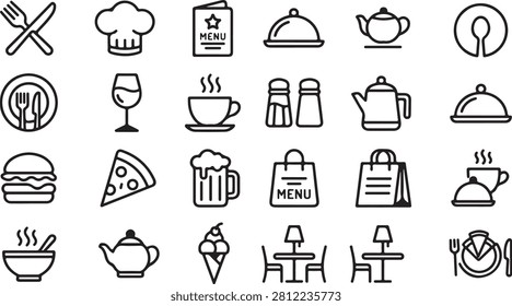 A clean, modern collection of 24 minimalist icons representing food, beverages, dining, and restaurant-related items. Perfect for use in menus, apps, websites, and branding projects.