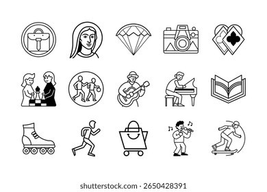 A clean and modern collection of activity icons on a white background. This versatile icon set features various recreational, sports, and fitness-related symbols, perfect for apps, websites, infograph