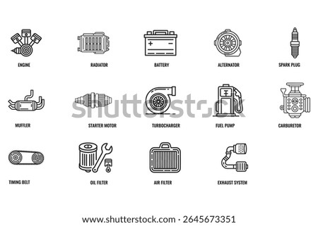 A clean and modern collection of automobile engine and mechanical parts line icons. This vector set features essential car parts including engine, radiator, battery, alternator, spark plug and so on.