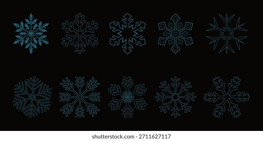 Uma coleção limpa e moderna de flocos de neve geométricos, projetados com simetria nítida e detalhes sutis para marcas de inverno, embalagens sazonais, cartões de férias, gráficos digitais e impressões decorativas.