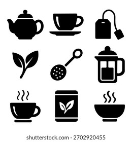 Una colección limpia y moderna de iconos de té y café con teteras, tazas, tazas, hojas, infusores y Elementos de elaboración de cerveza. Perfecto para la marca de cafeterías, diseño de menús, empaques, restaurantes.