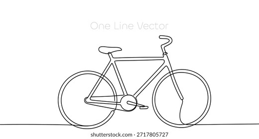 A clean and modern continuous line art illustration of a road bike silhouette representing eco-friendly transportation, fitness, cycling activity, and minimalist design aesthetic for print. Vector illustration