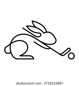 Una ilustración de arte lineal continua limpia y moderna de un conejo en una pose dinámica de juego de hockey con un palo y un disco.