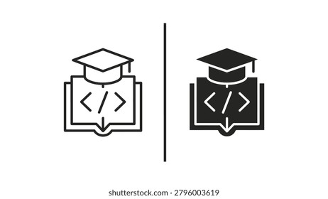 A clean and modern contrast icon showing a graduation cap on an open book with code symbols, split into light and dark versions for versatile design use.