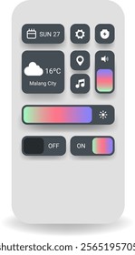 A clean and modern control center user interface design featuring gradient sliders, functional icons, and a weather widget