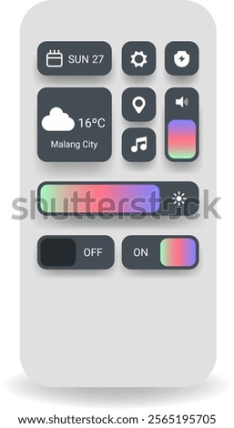 A clean and modern control center user interface design featuring gradient sliders, functional icons, and a weather widget
