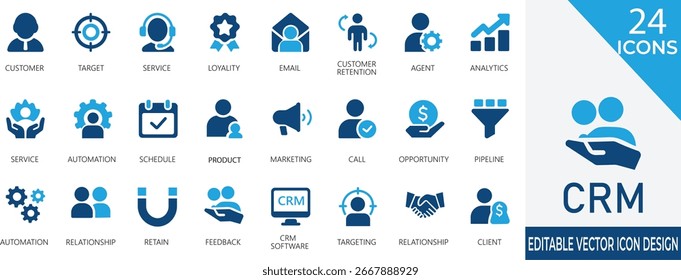 Un conjunto de iconos de CRM limpio y moderno diseñado para ventas, gestión de Clientes y crecimiento empresarial. Perfecto para paneles de control, App móviles y proyectos de marketing para mejorar la participación del usuario.