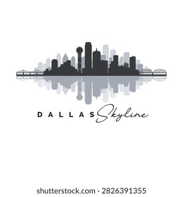 Clean and modern Dallas skyline vector icon featuring a simplified cityscape silhouette with distinctive skyscrapers and recognizable architectural elements of Dallas, Texas. Perfect for travel, tourism, city branding, maps, souvenirs, websites, mobile apps, presentations, posters, postcards, and print or digital design projects. Editable vector illustration with clean shapes and scalable details.
