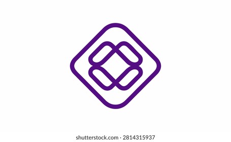 A clean, modern design featuring interlocking purple lines forming an abstract pattern within a rounded diamond shape on a white backdrop.