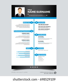 Clean modern design template of resume, CV template, vector graphic layout, black and blue