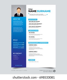 Clean modern design template of resume, CV template, vector graphic layout, blue