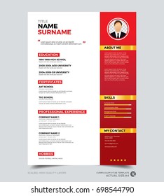 Clean modern design template of resume, CV template, vector graphic layout, red and gold