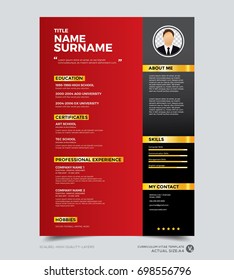 Clean modern design template of resume, CV template, vector graphic layout, red, black and gold