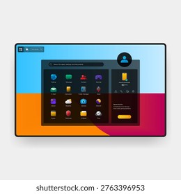 Clean and modern desktop user interface design featuring application library, account panel, and connected mobile device