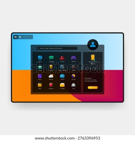 Clean and modern desktop user interface design featuring application library, account panel, and connected mobile device