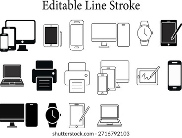 Limpie los iconos modernos del dispositivo Electrónica digital. Conjunto de Vector minimalista. Smartphone, tableta, paquete de Vector de escritorio.