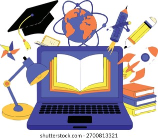 Una ilustración digital limpia y moderna que simboliza el núcleo de la educación en línea. Un portátil minimalista es el punto de anclaje en un fondo simple.
