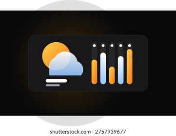 A clean, modern digital interface element representing a weather forecast dashboard. It features a rounded rectangular container on a dark background, displaying a sun and cloud icon on the left, and a series of vertical bar charts with rounded tops on the right, suggesting temperature or precipitation trends.