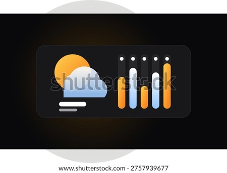 A clean, modern digital interface element representing a weather forecast dashboard. It features a rounded rectangular container on a dark background, displaying a sun and cloud icon on the left, and a series of vertical bar charts with rounded tops on the right, suggesting temperature or precipitation trends.