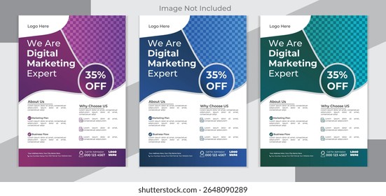 Design de panfleto de marketing digital limpo e moderno, ideal para agências, serviços de SEO, publicidade on-line e promoções corporativas. Layout totalmente editável e pronto para impressão.

