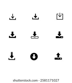 A clean and modern download icon in vector format. This high-quality graphic features a downward arrow symbol, commonly used for indicating file downloads, digital content, and software applications.