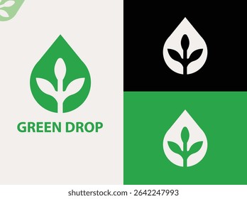 A clean and modern eco-themed logo design titled "Green Drop," featuring a stylized water droplet combined with a plant sprout. Ideal for sustainable businesses, agriculture, green energy, environment