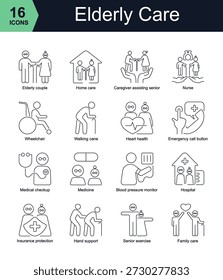A clean and modern elderly care icon set featuring essential senior support and healthcare concepts. Includes icons for caregiving, medical assistance, mobility aid, nursing services, home care, health monitoring, and daily support for seniors. Perfect for healthcare apps, medical websites, insurance platforms, senior living services, and wellness-related design projects. Fully editable vector icons, scalable without quality loss.