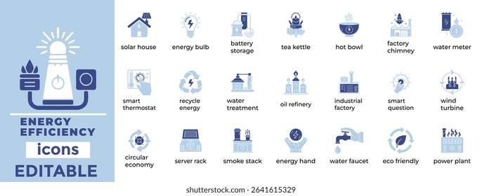 Clean, modern energy efficiency vector icons for sustainable tech, green energy, and eco-friendly industries.