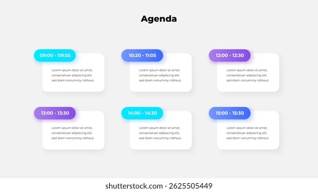 A clean, modern event agenda showing times and brief tasks, designed with vibrant gradient colors for businesses, conferences, or planning purposes - Powered by Shutterstock - Get 15% off with code: PIKWIZARD15