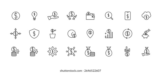 A clean and modern finance icon set in line style. Includes various money, business, and investment symbols. Fully editable stroke for easy customization